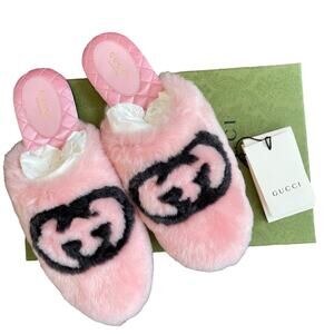 Authentic GUCCI Interlocking GG Faux-Fur Glam PINK Slippers Size 40 US 10 NEW